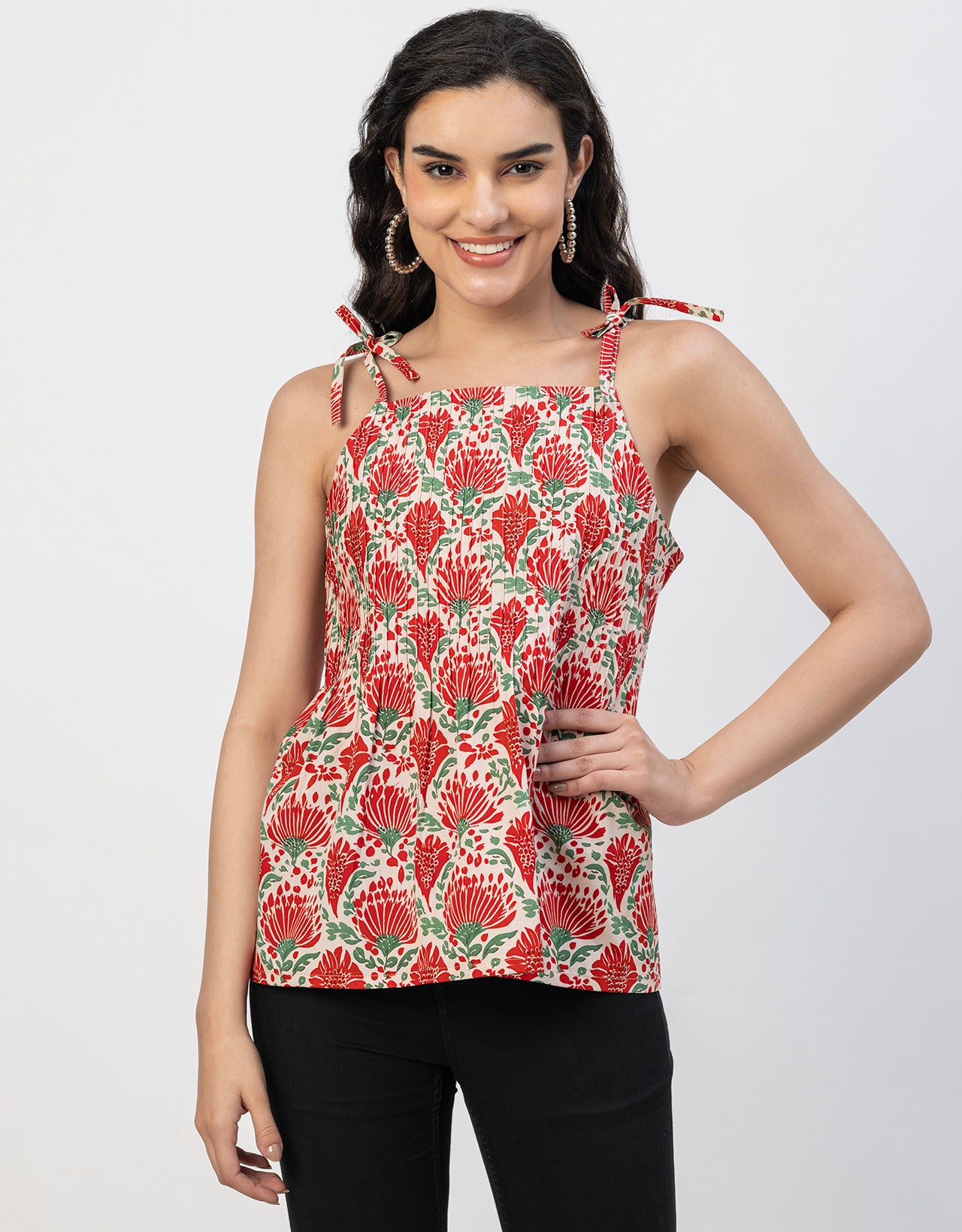 Shoulder Straps Square Neck Pin Tucks Cotton Top