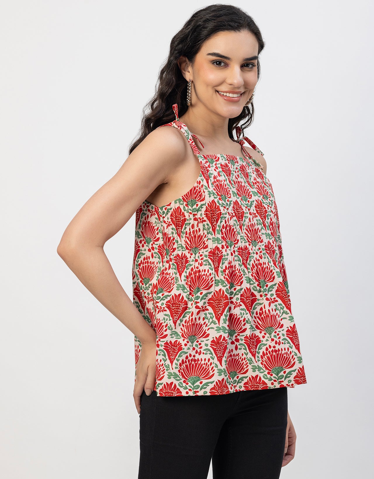 Shoulder Straps Square Neck Pin Tucks Cotton Top