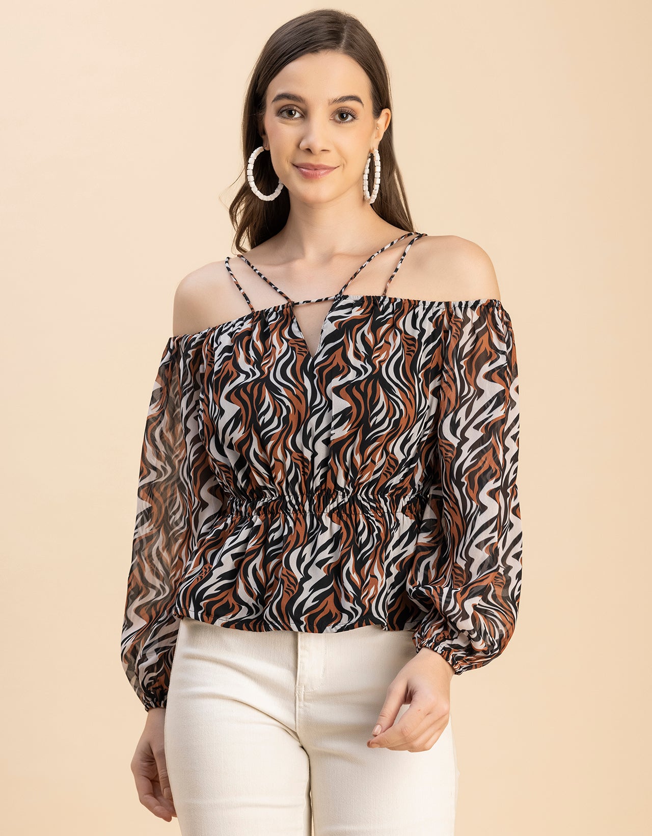 Long Sleeves Off Shoulder Printed Top