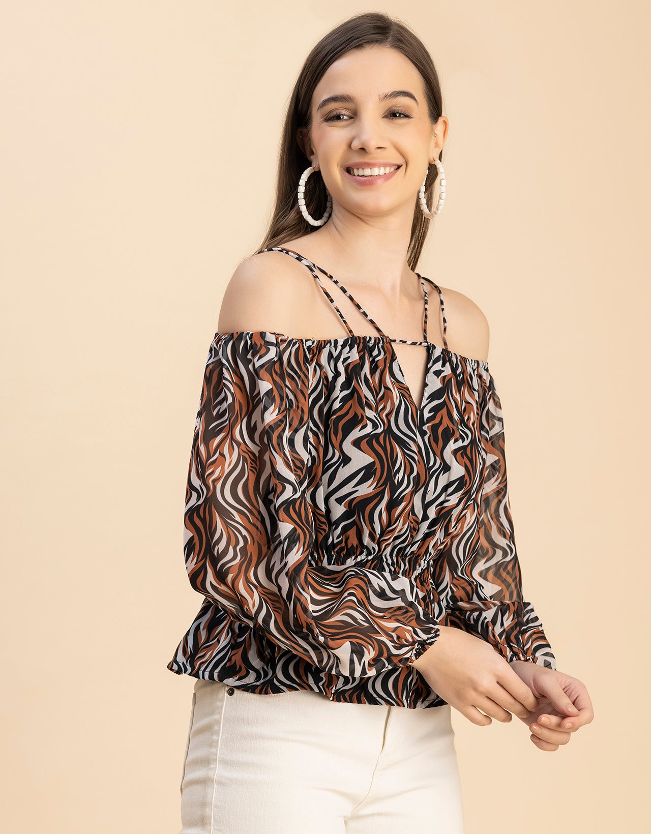 Long Sleeves Off Shoulder Printed Top