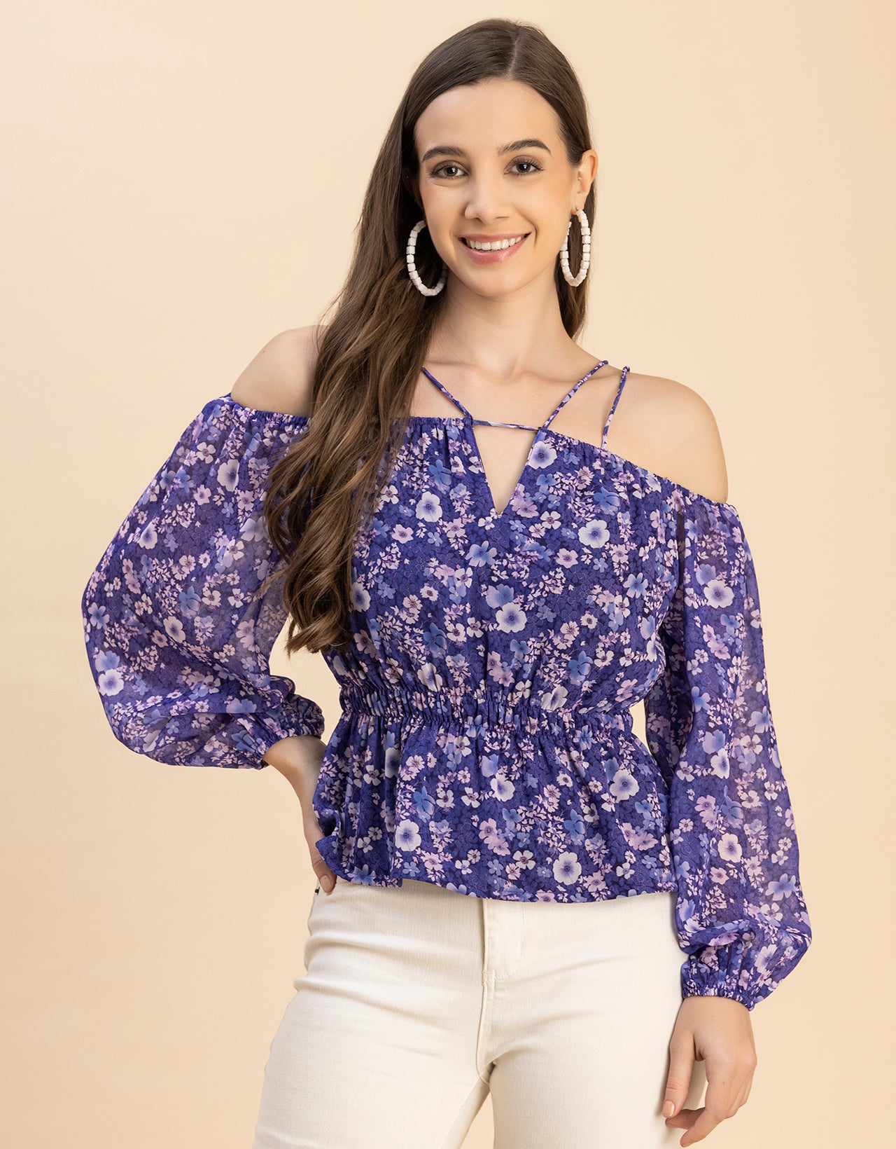 Long Sleeves Off Shoulder Printed Top