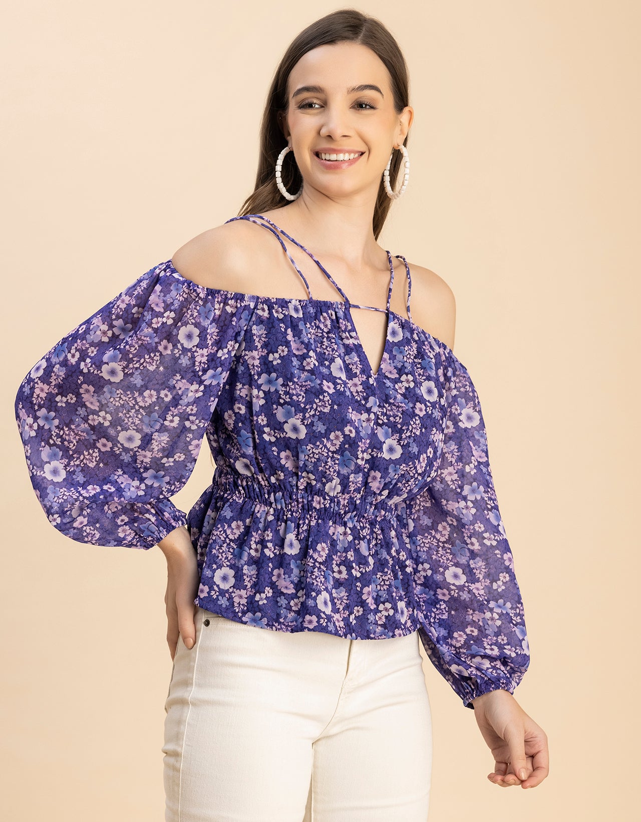 Long Sleeves Off Shoulder Printed Top
