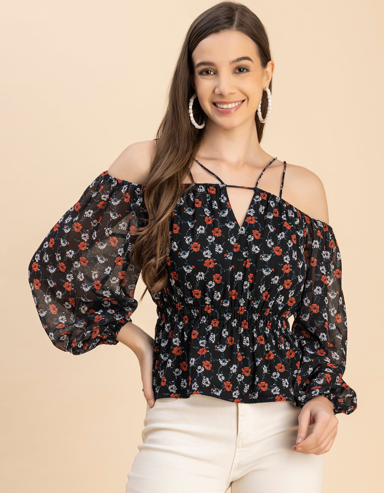 Long Sleeves Off Shoulder Printed Top