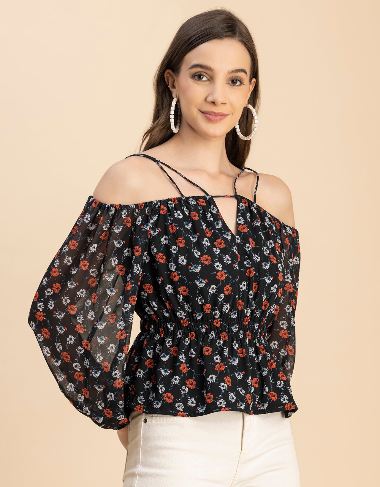 Long Sleeves Off Shoulder Printed Top