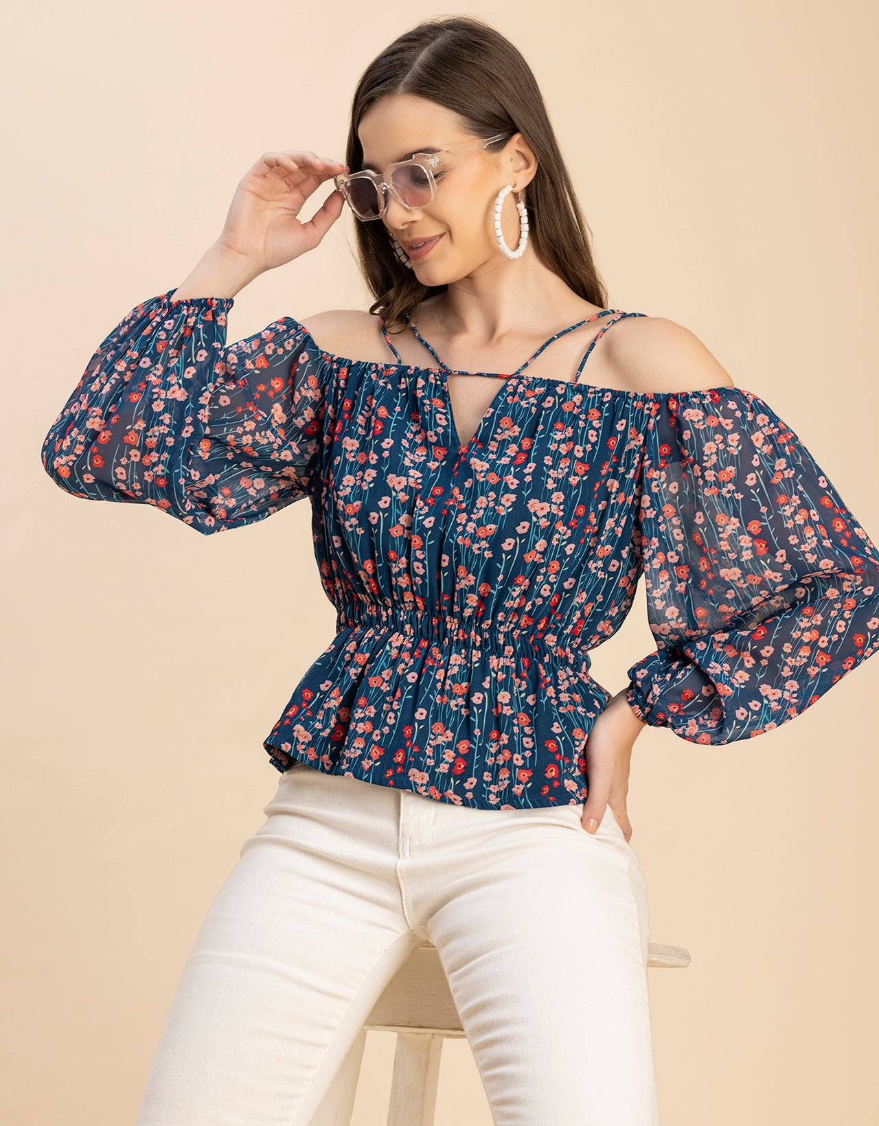 Long Sleeves Off Shoulder Printed Top