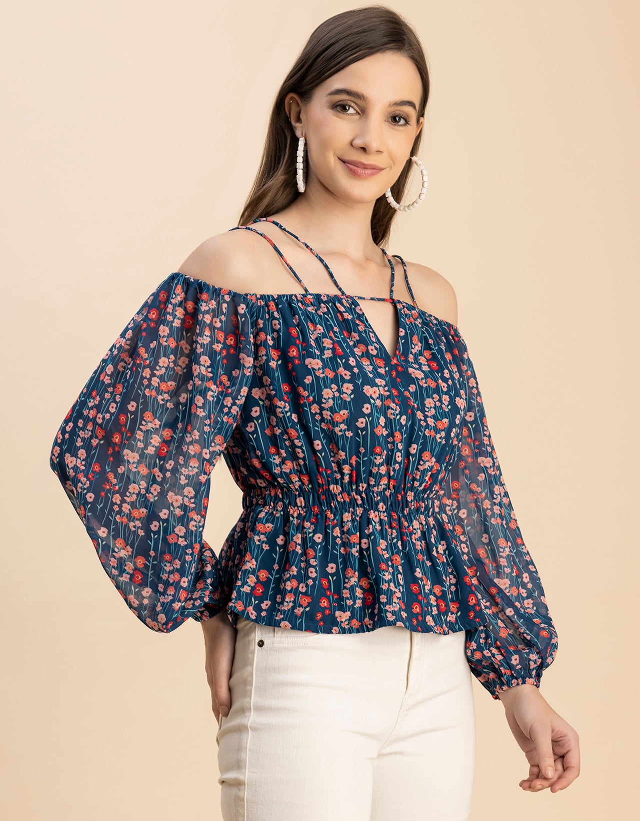 Long Sleeves Off Shoulder Printed Top