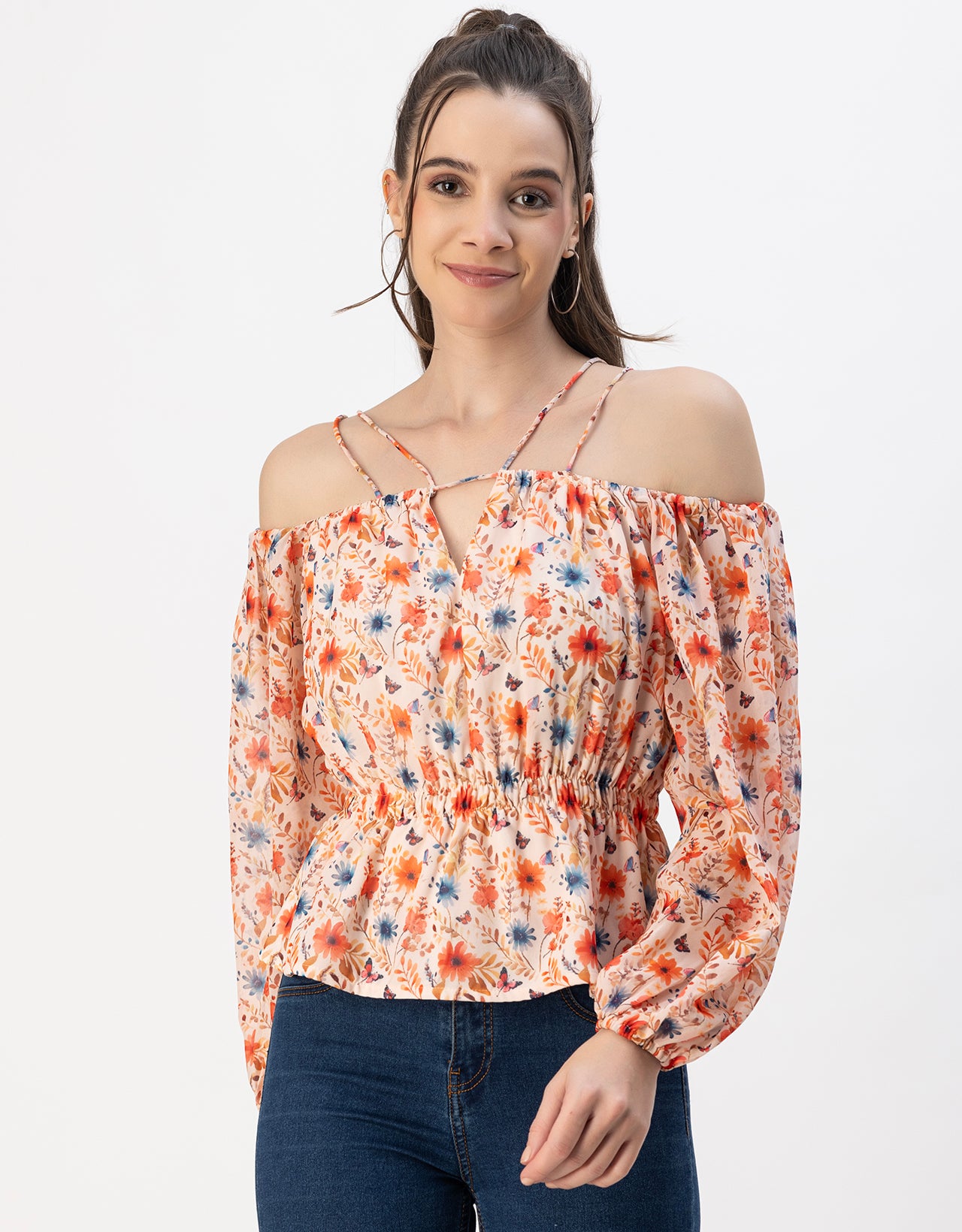 Long Sleeves Off Shoulder Printed Top