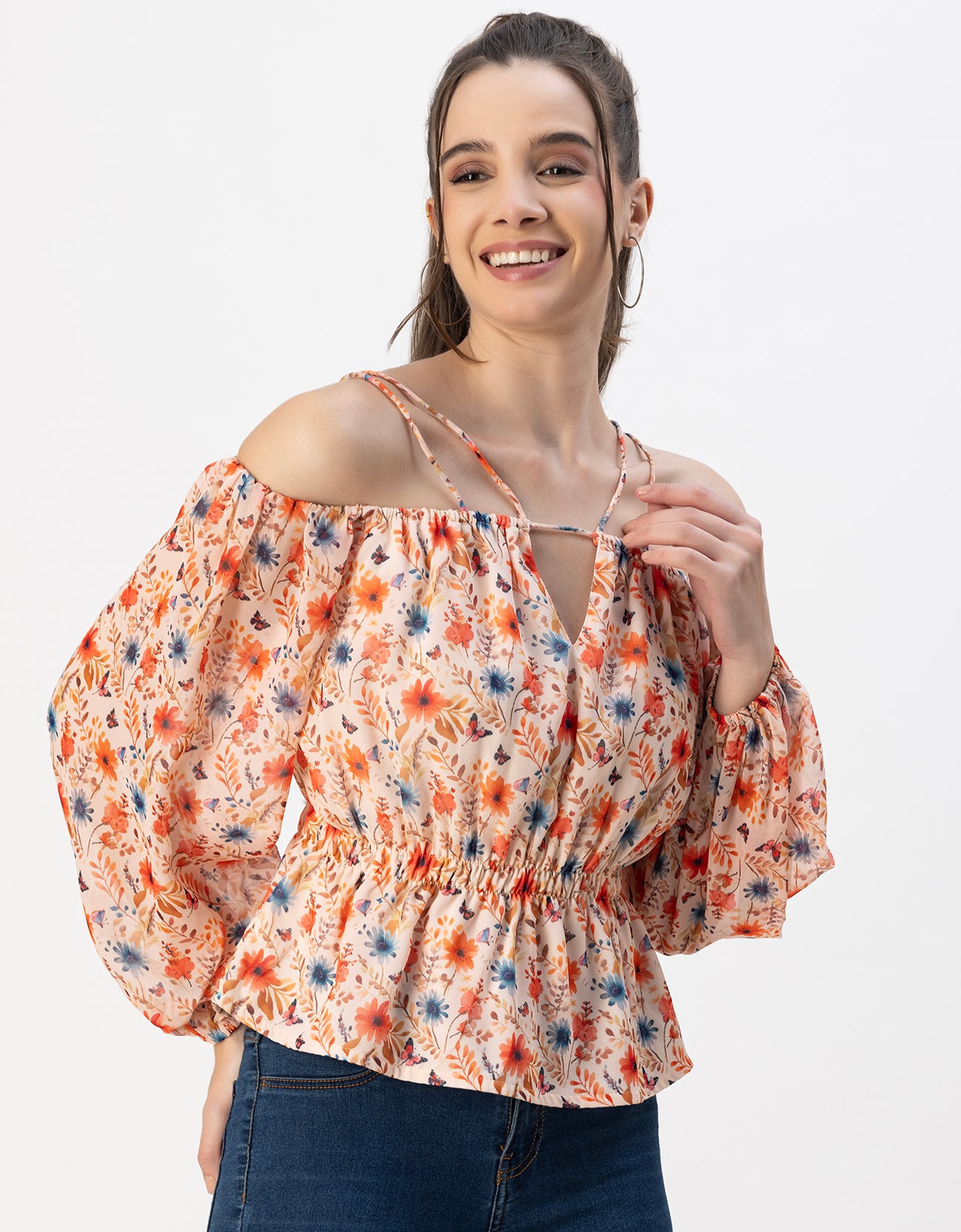 Long Sleeves Off Shoulder Printed Top