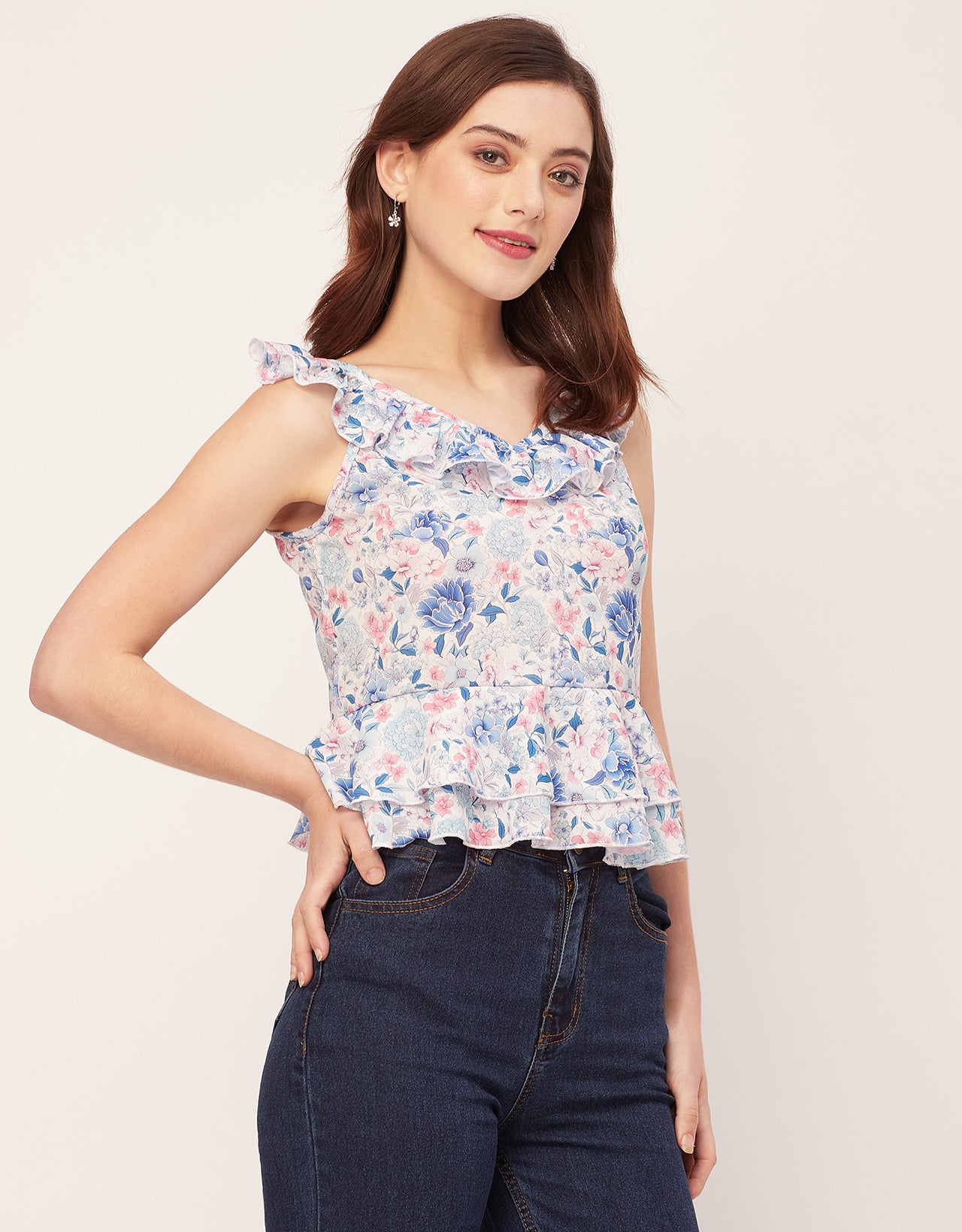 Sleeveless V Neck Printed Georgette Top