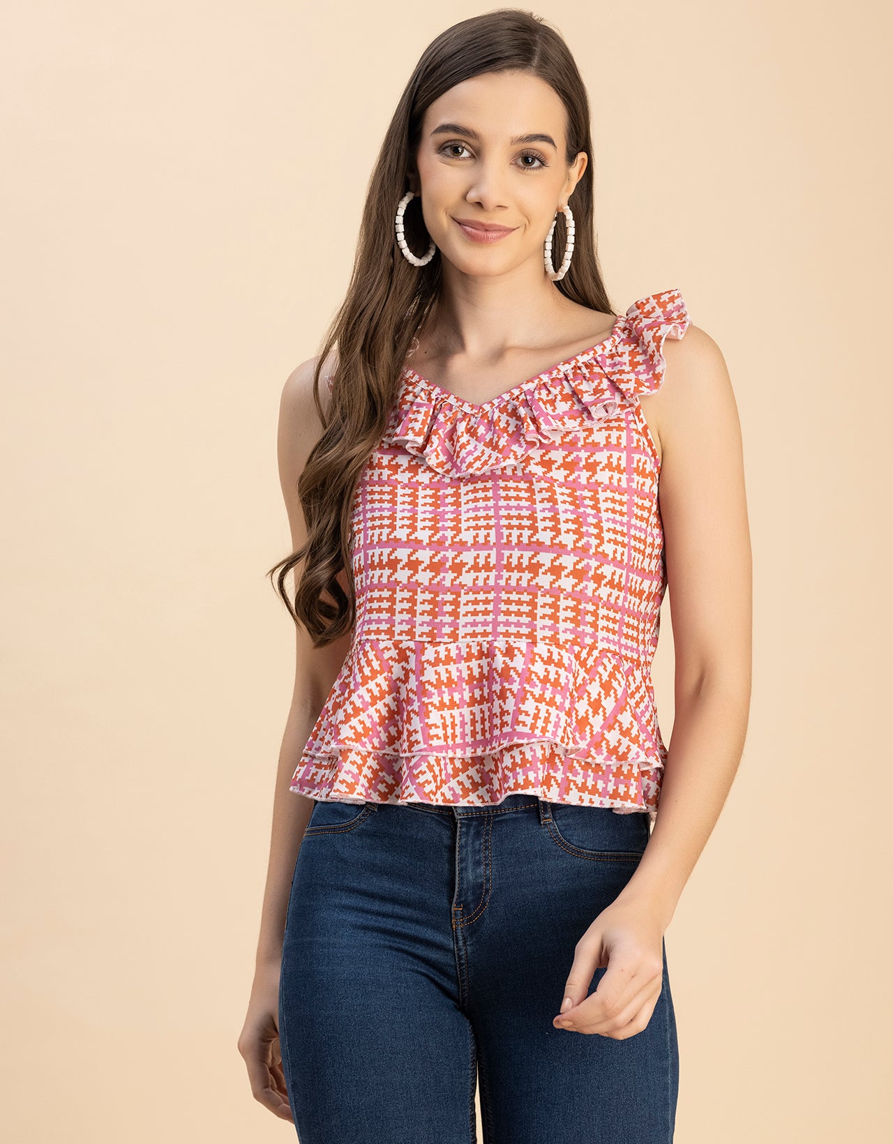 Sleeveless V Neck Printed Georgette Top
