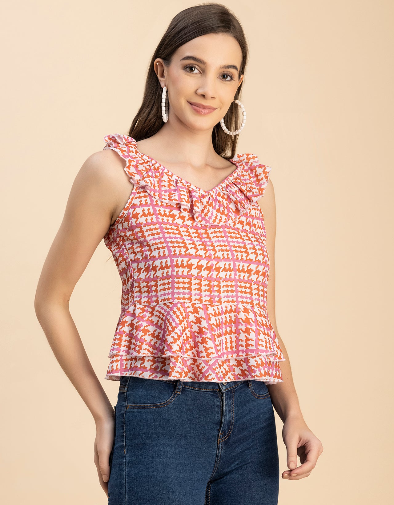 Sleeveless V Neck Printed Georgette Top