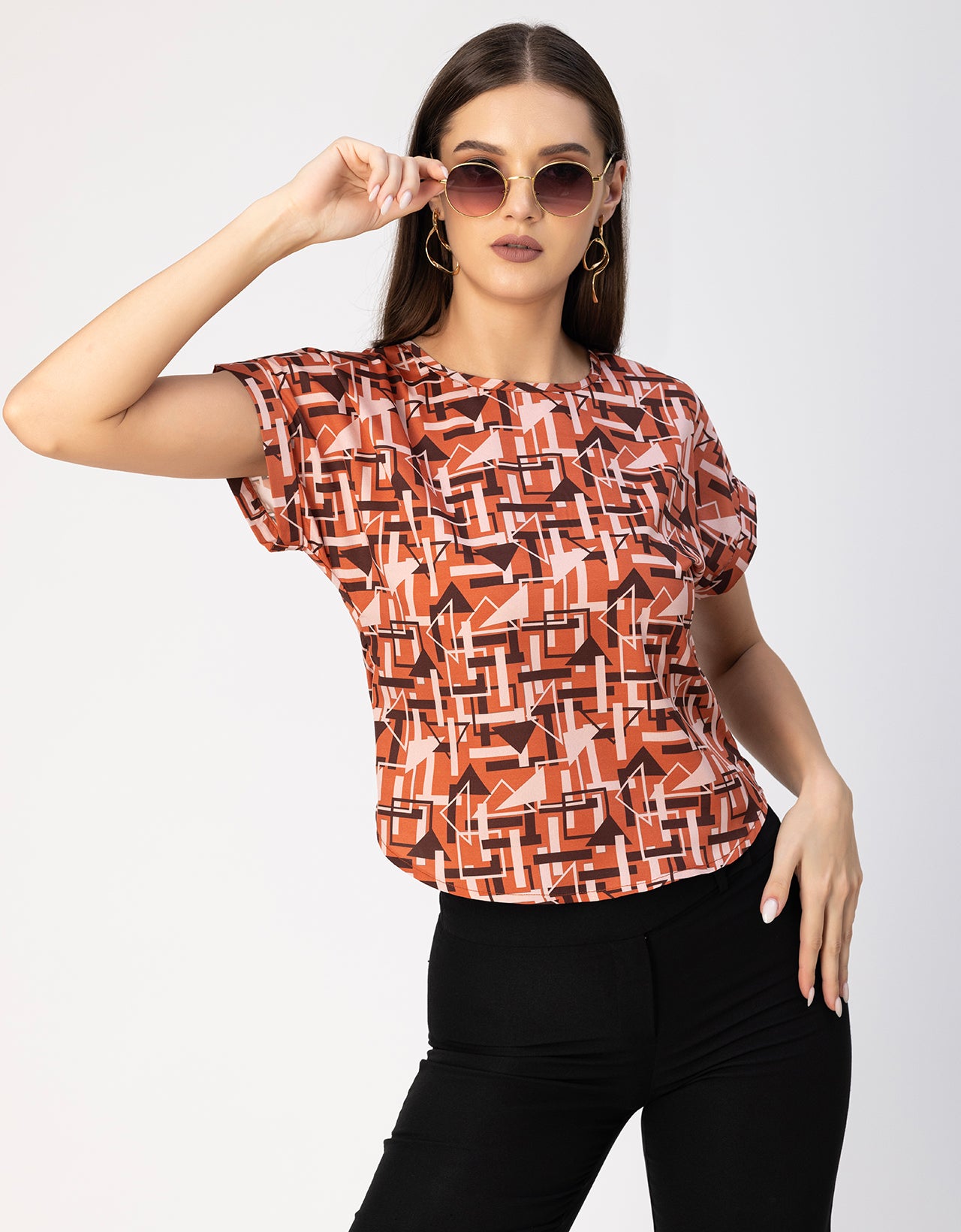 Round Neck Short Sleeve Printed Loose Fit Top