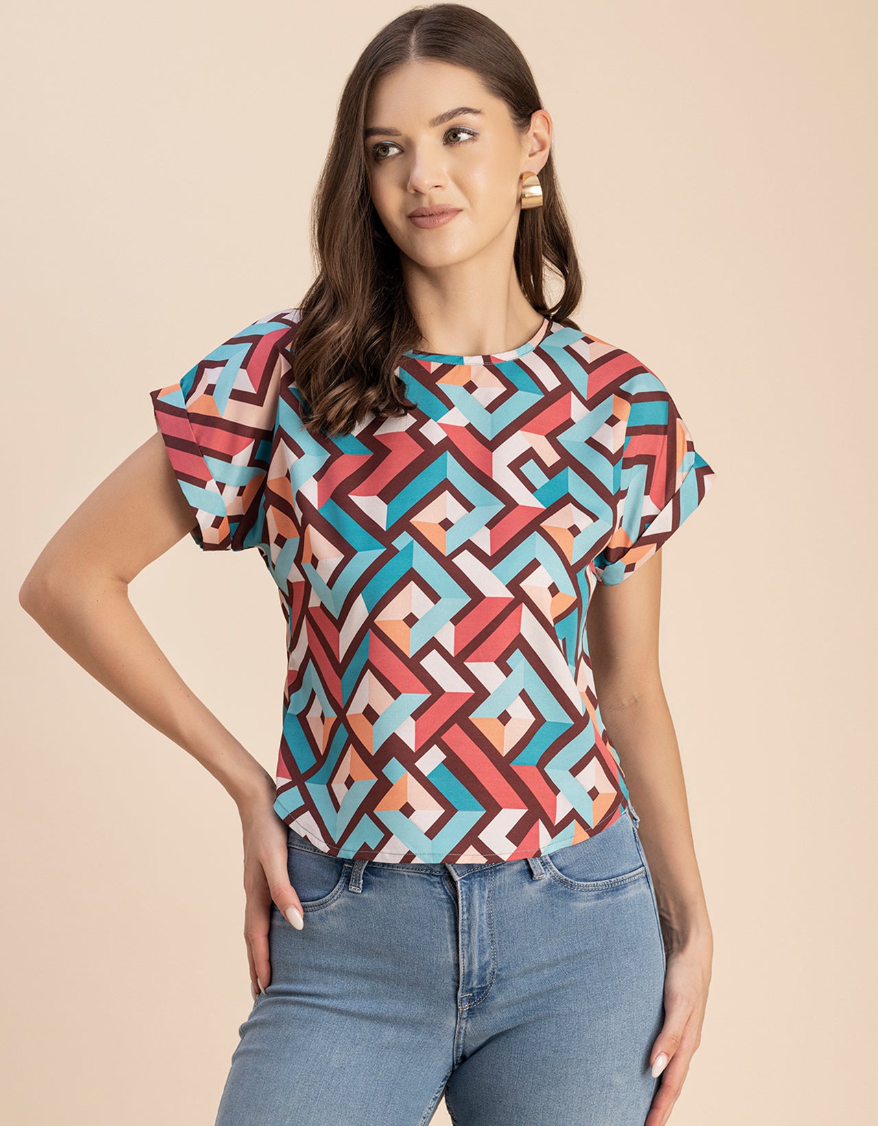 Round Neck Short Sleeve Printed Loose Fit Top