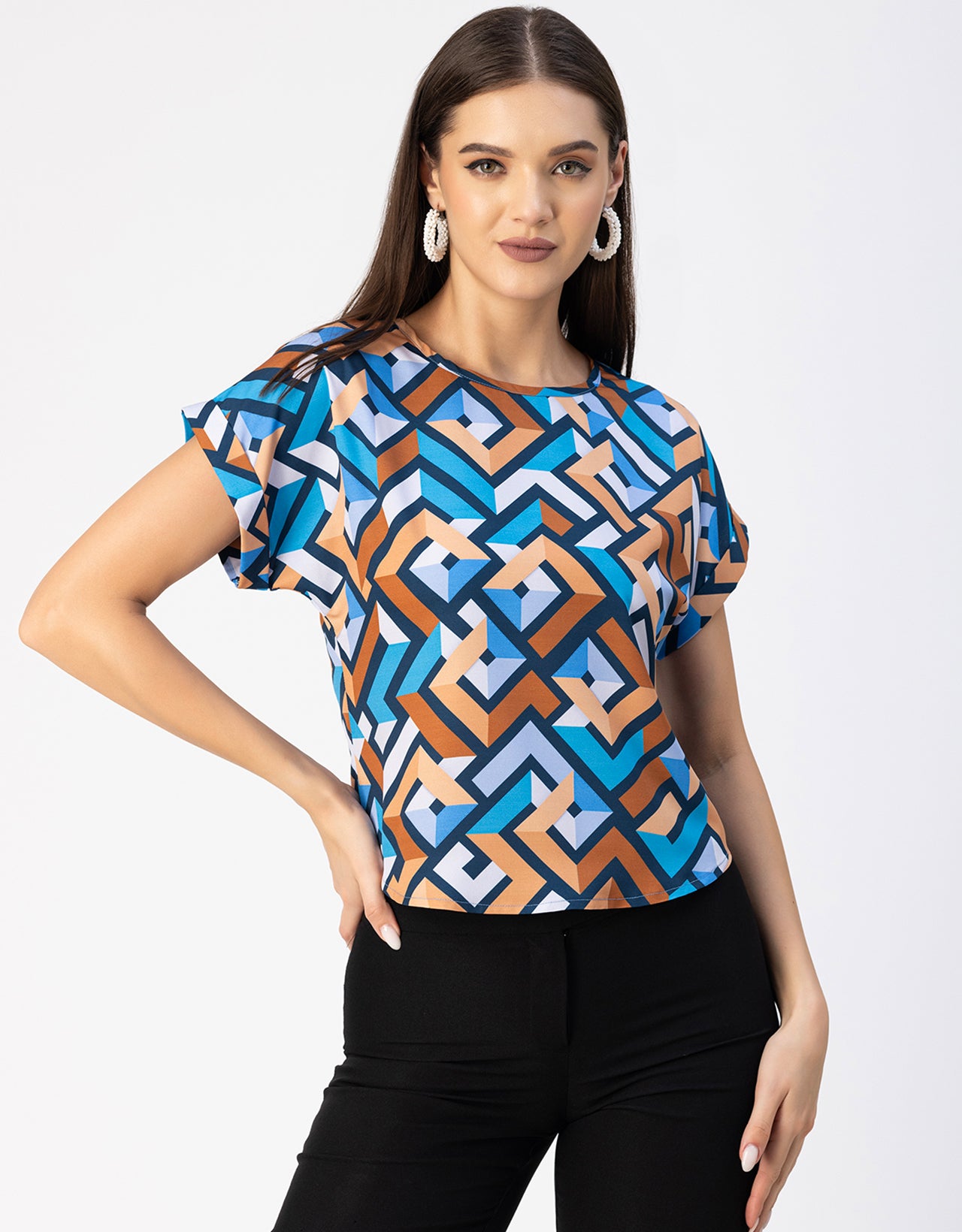 Round Neck Short Sleeve Printed Loose Fit Top