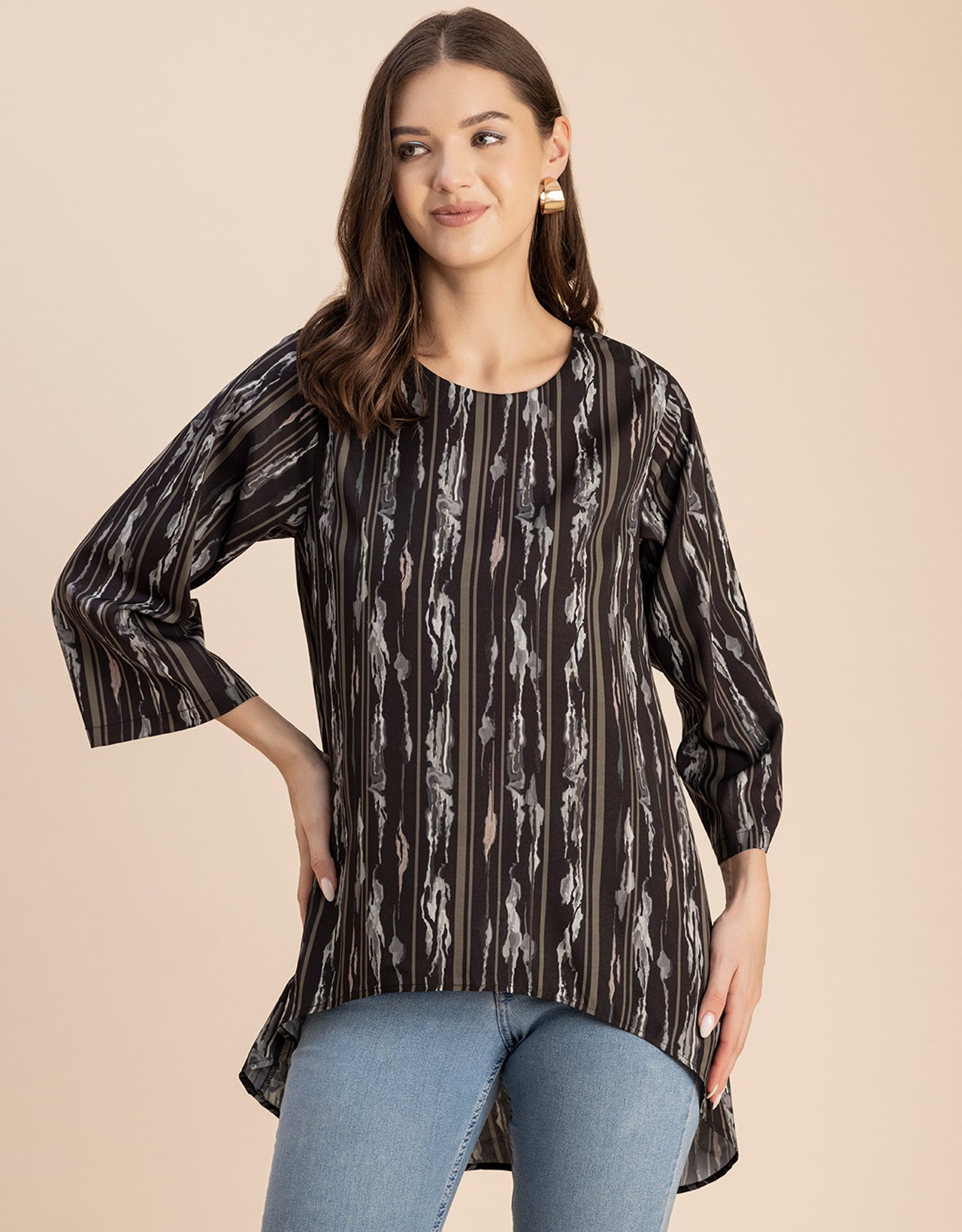 Printed Long Sleeve Asymmetric Modern Top