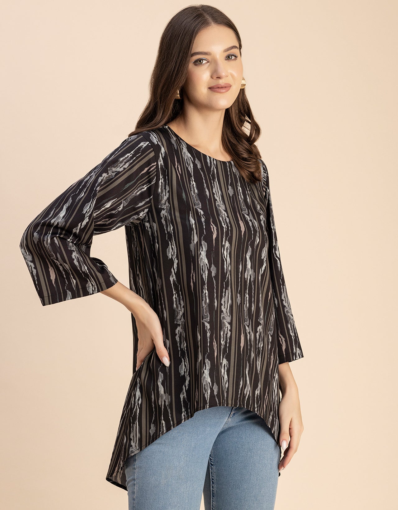 Printed Long Sleeve Asymmetric Modern Top