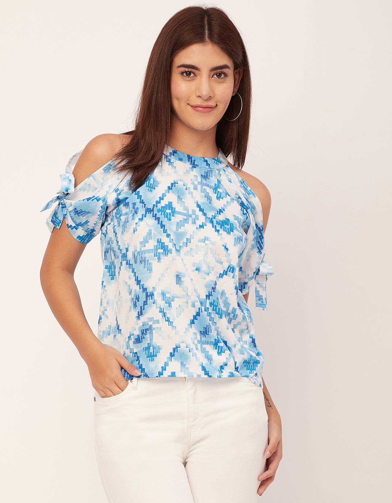 Cold Shoulder Band Collar Short Sleeve Printed Top