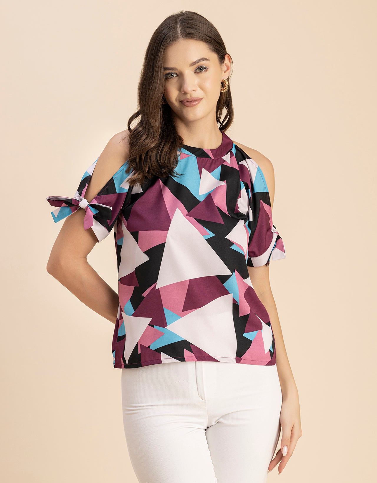 Cold Shoulder Band Collar Short Sleeve Printed Top