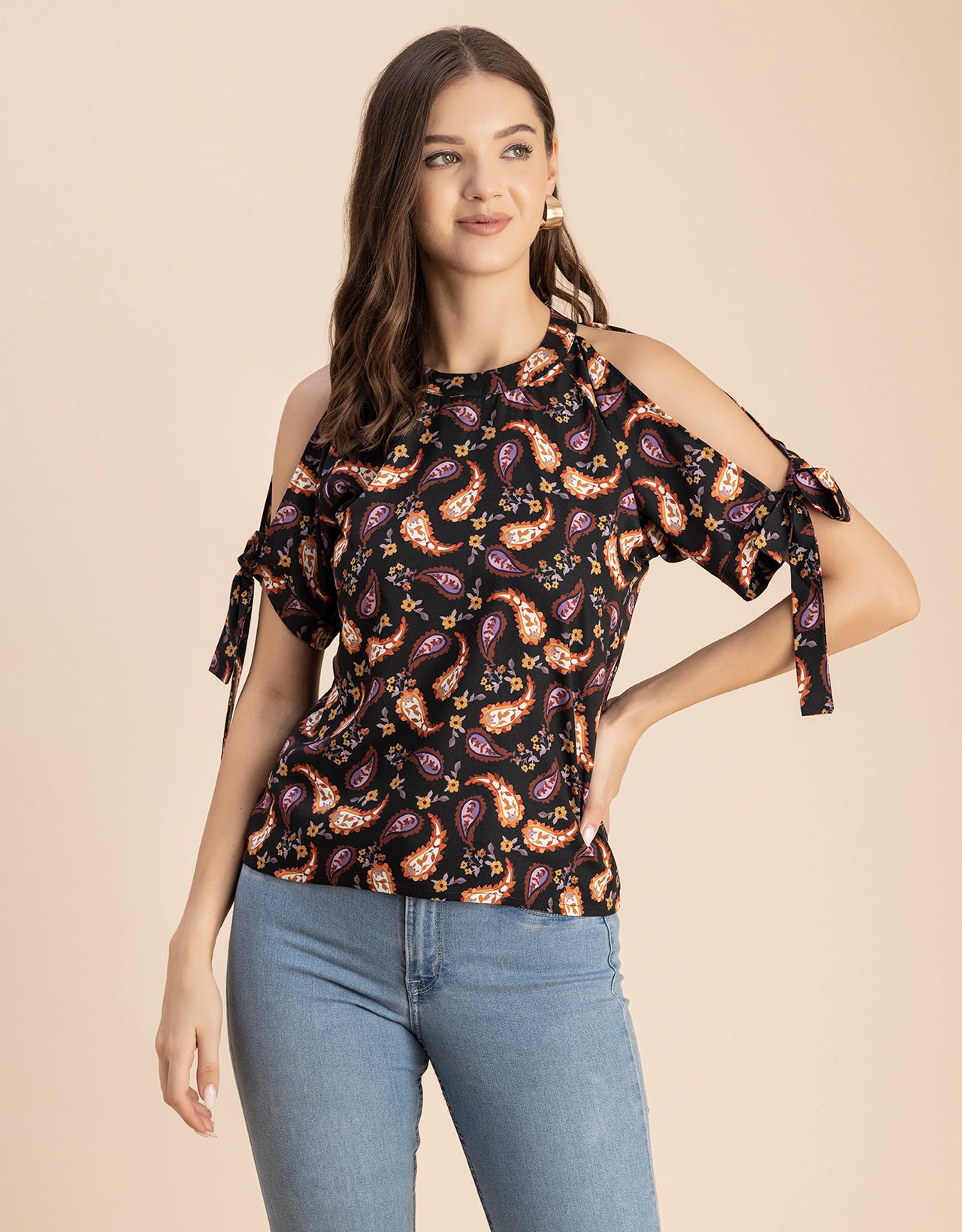 Cold Shoulder Band Collar Short Sleeve Printed Top