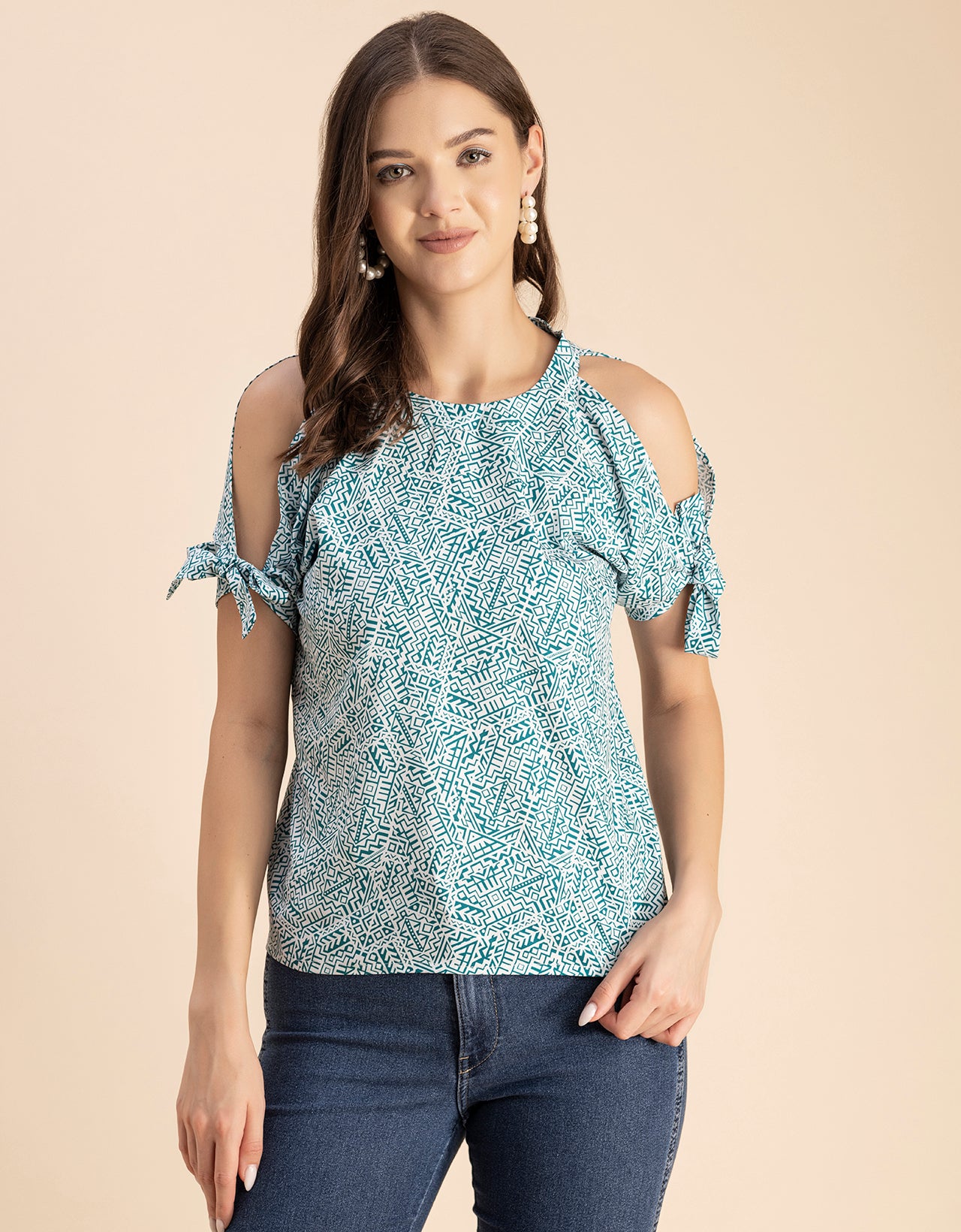 Cold Shoulder Band Collar Short Sleeve Printed Top