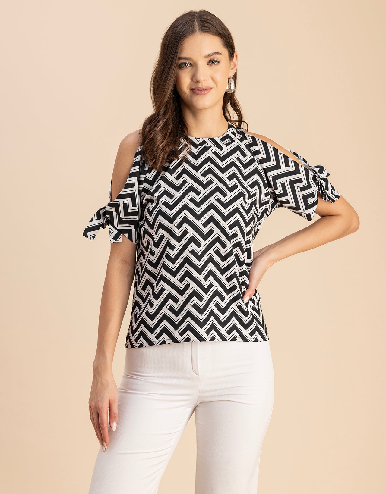 Cold Shoulder Band Collar Short Sleeve Printed Top