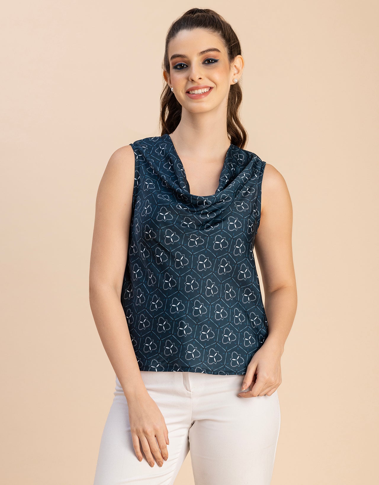 Sleeveless Cowl Neck Printed Satin Top