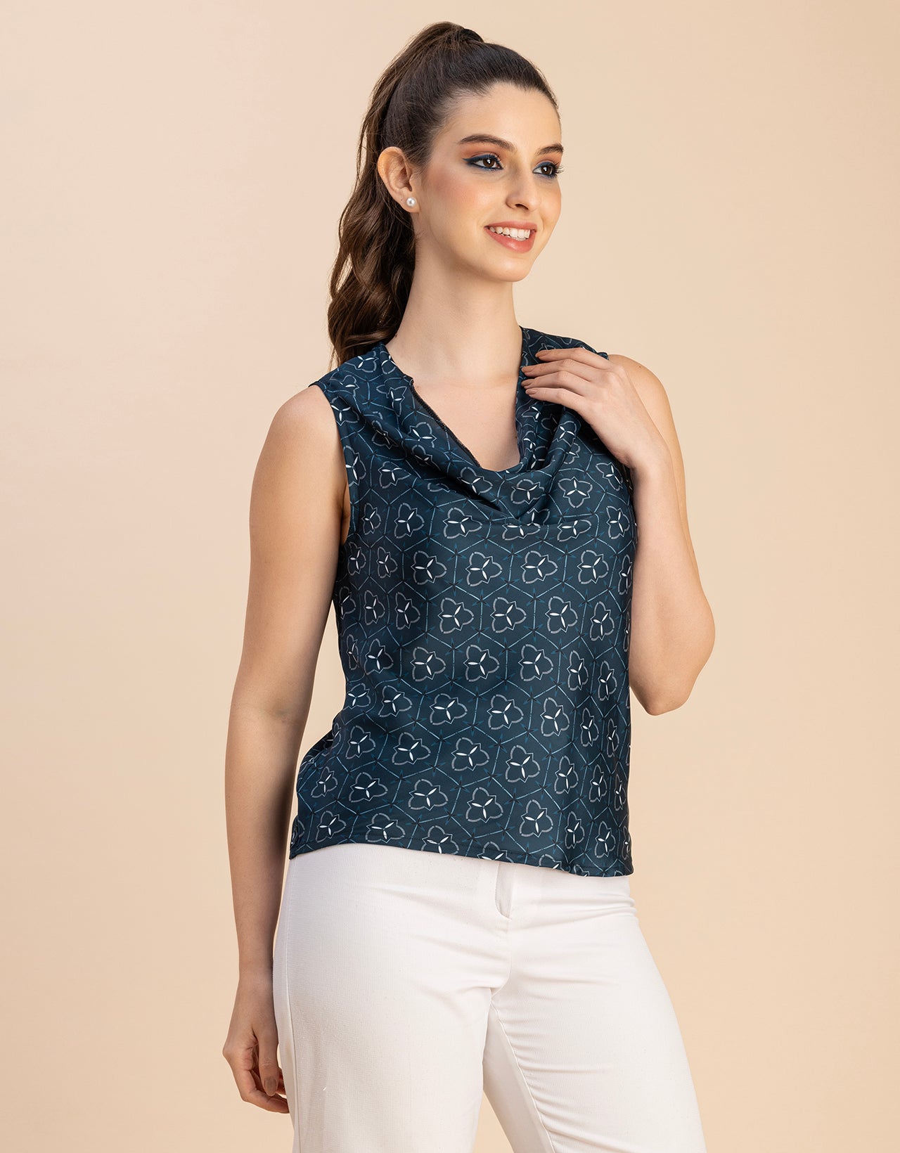 Sleeveless Cowl Neck Printed Satin Top