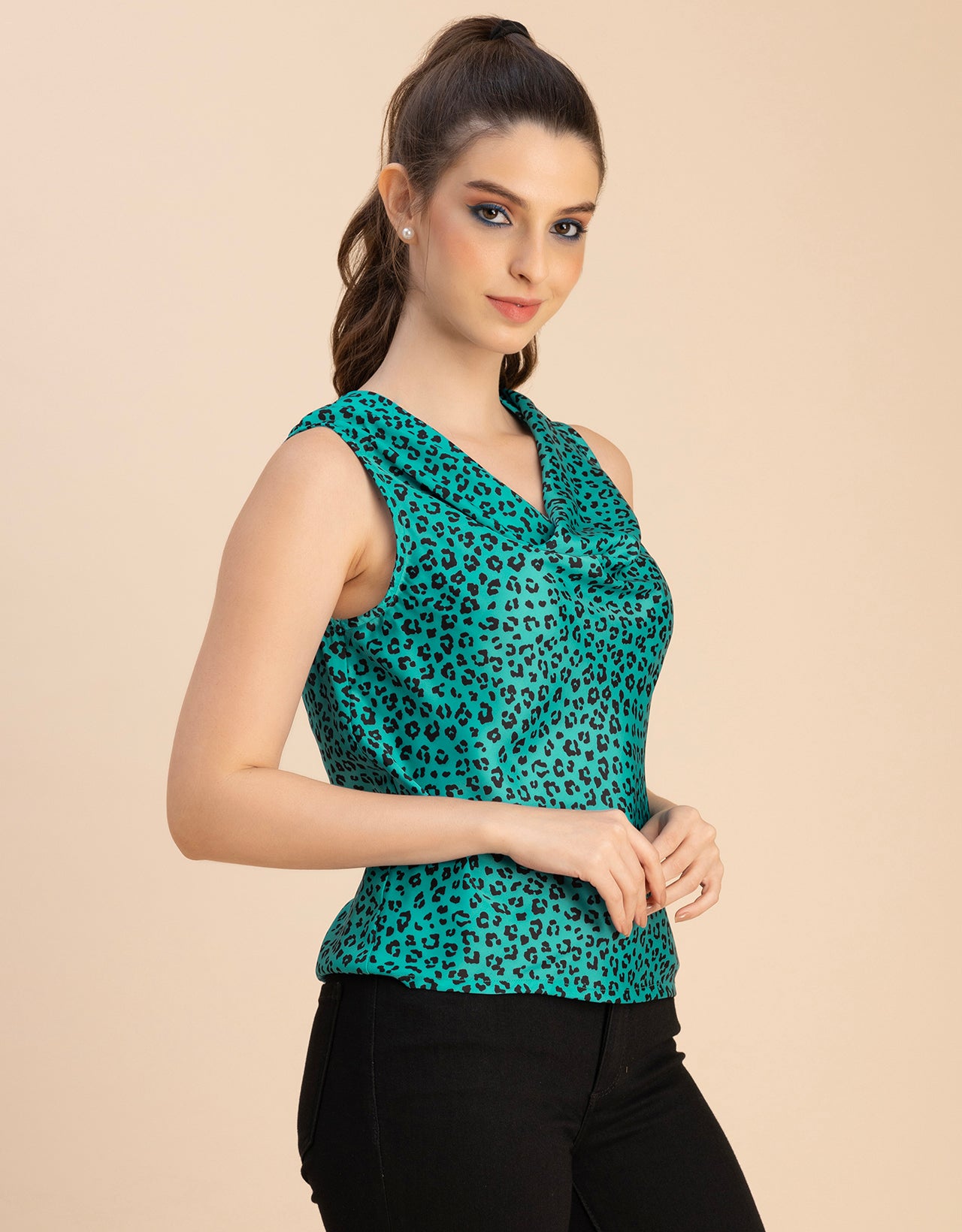 Sleeveless Cowl Neck Printed Satin Top