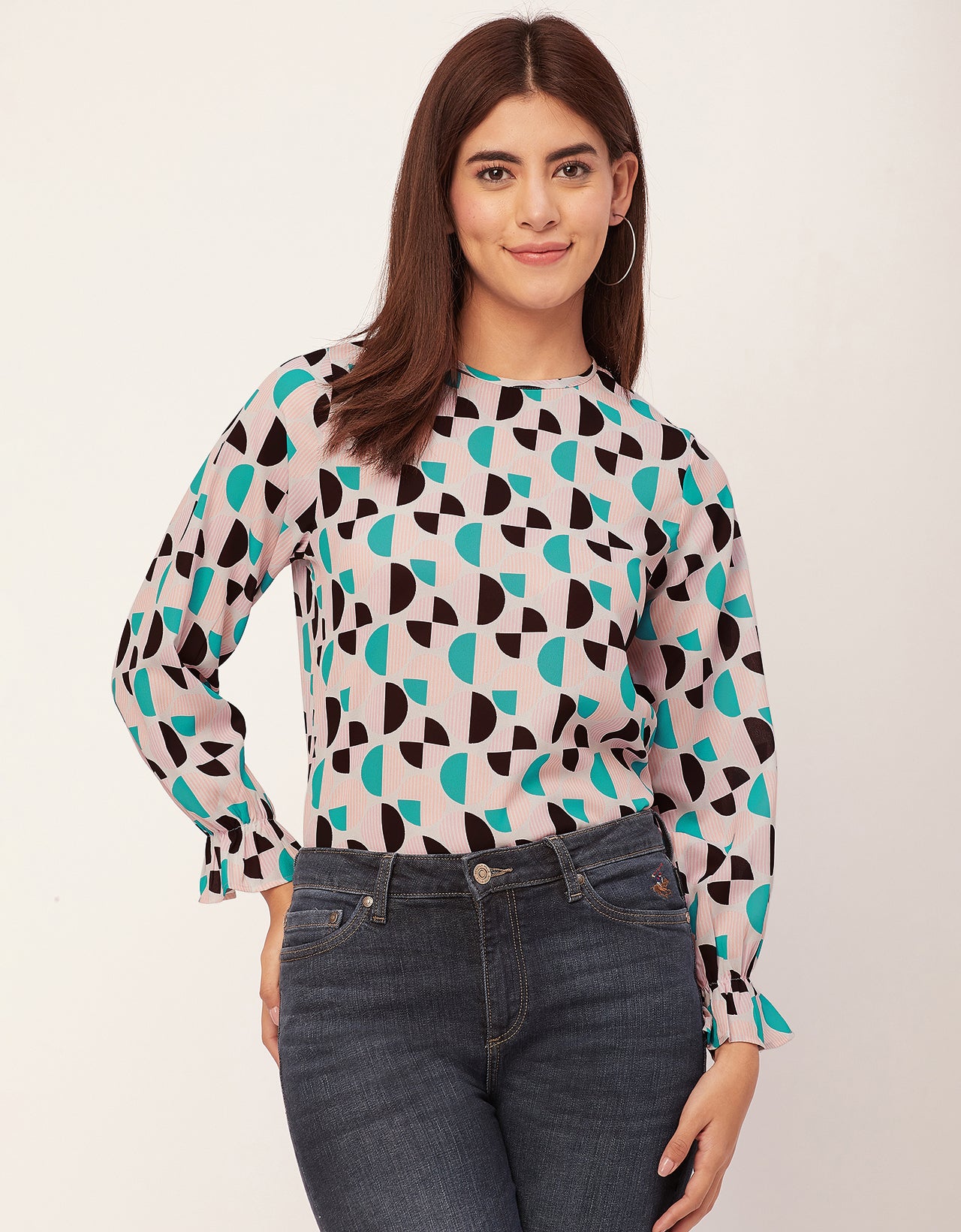 Long Sleeve Round Neck Printed Georgette Top
