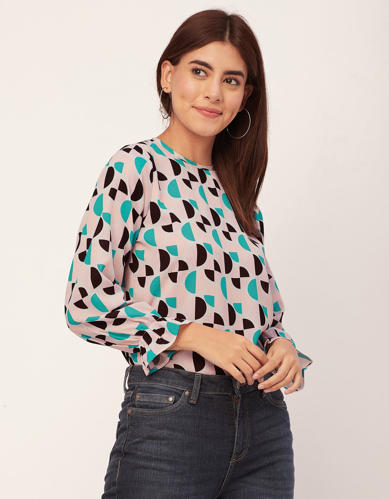 Long Sleeve Round Neck Printed Georgette Top