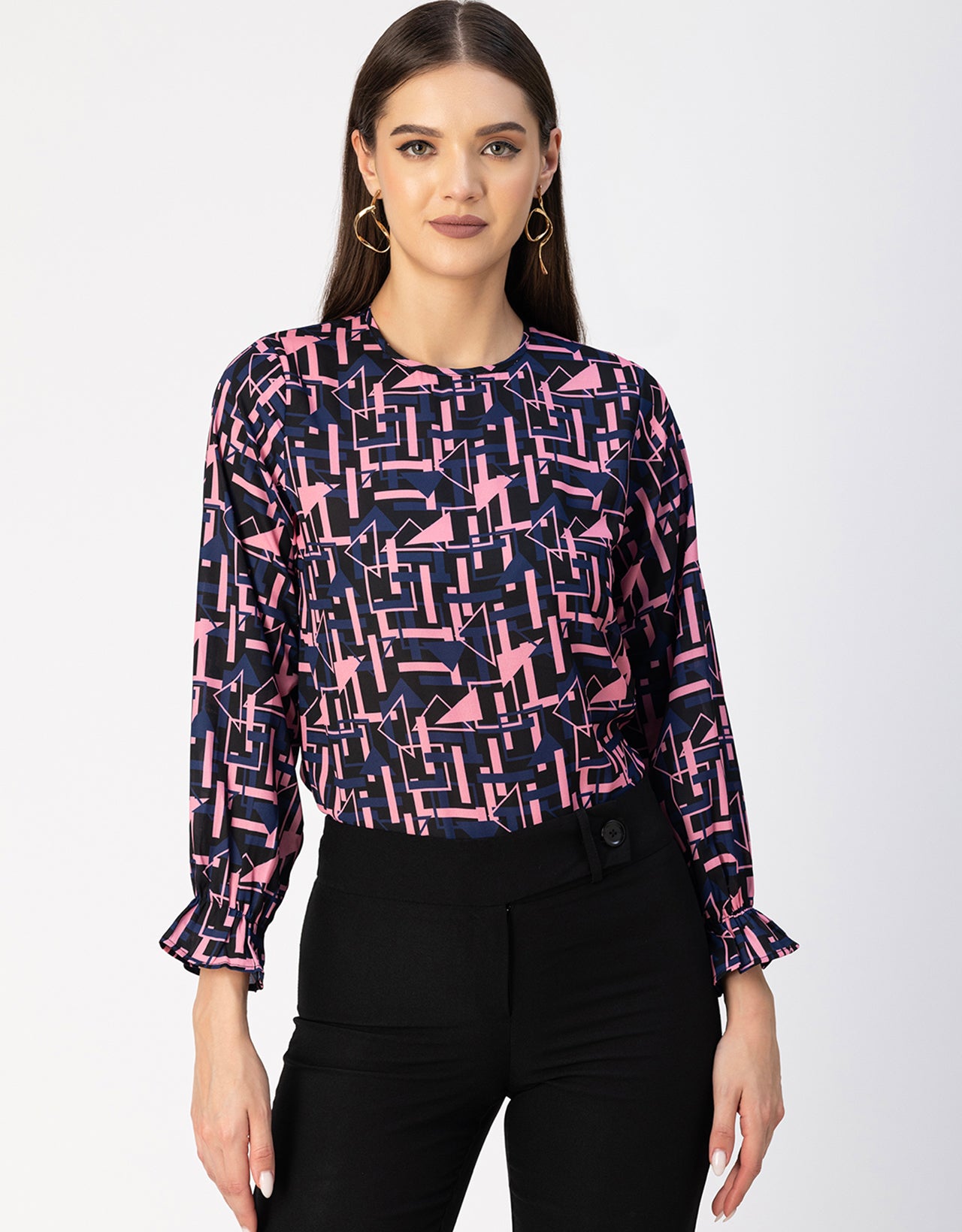 Long Sleeve Round Neck Printed Georgette Top