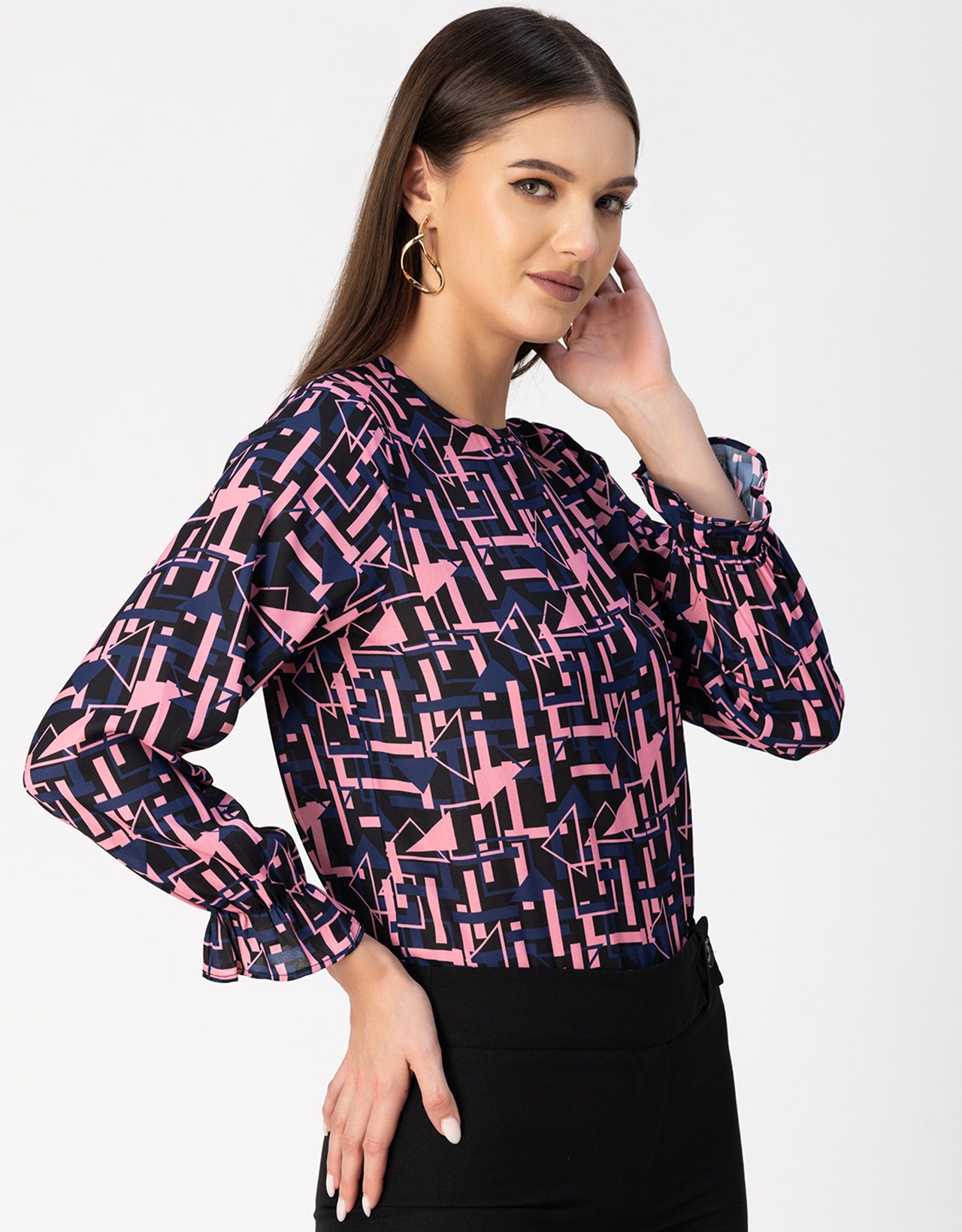 Long Sleeve Round Neck Printed Georgette Top