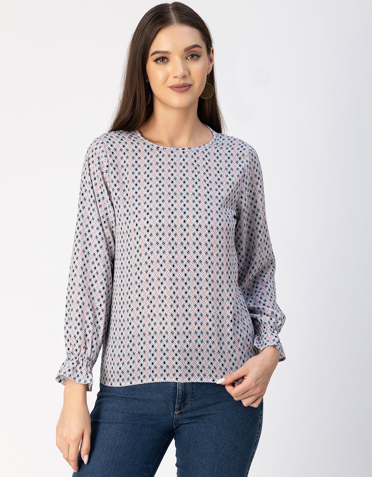 Long Sleeve Round Neck Printed Georgette Top
