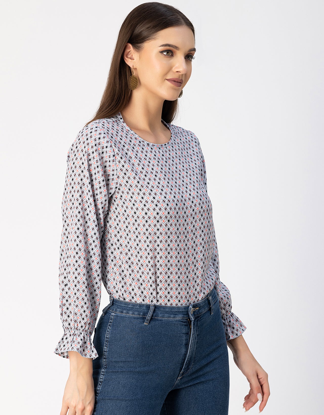 Long Sleeve Round Neck Printed Georgette Top