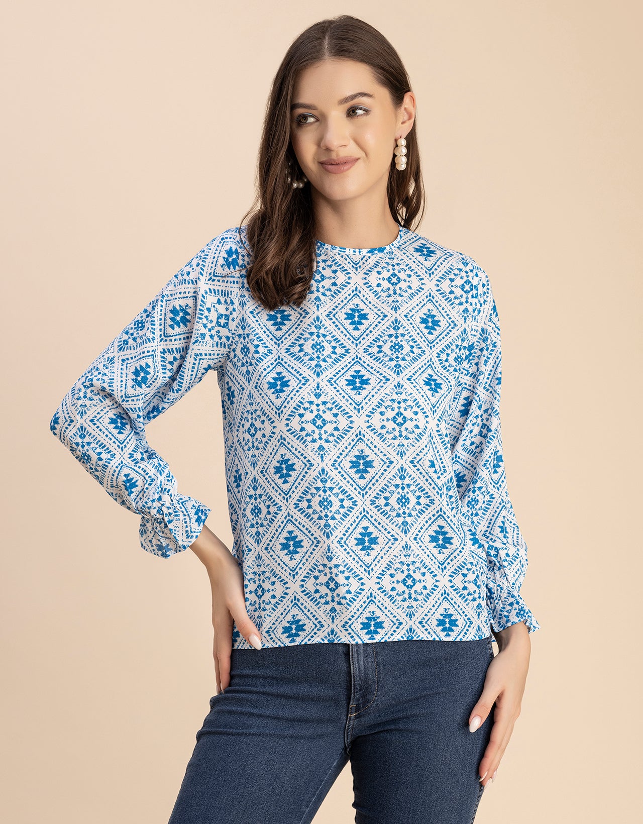 Long Sleeve Round Neck Printed Georgette Top