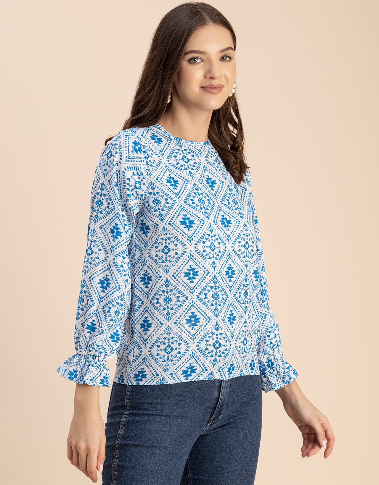 Long Sleeve Round Neck Printed Georgette Top
