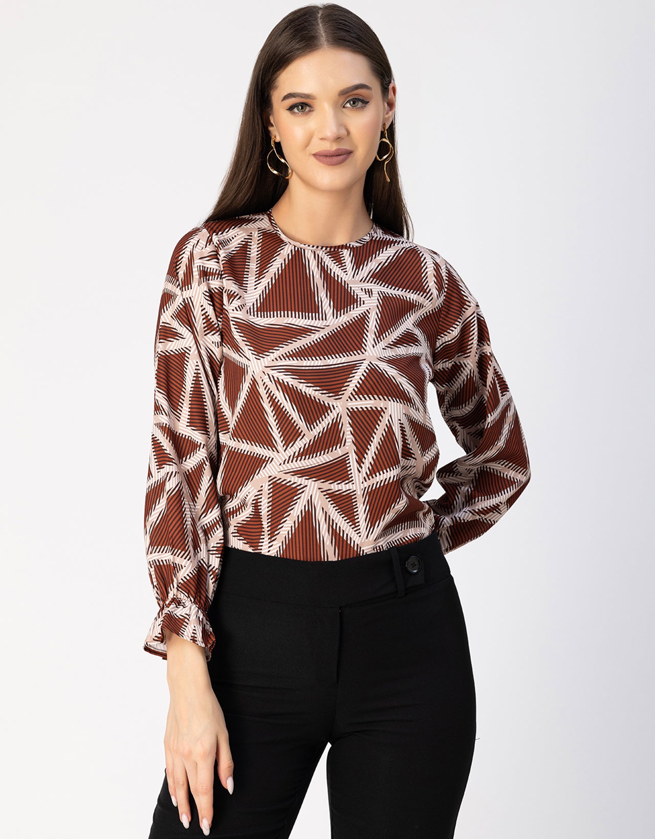 Long Sleeve Round Neck Printed Georgette Top