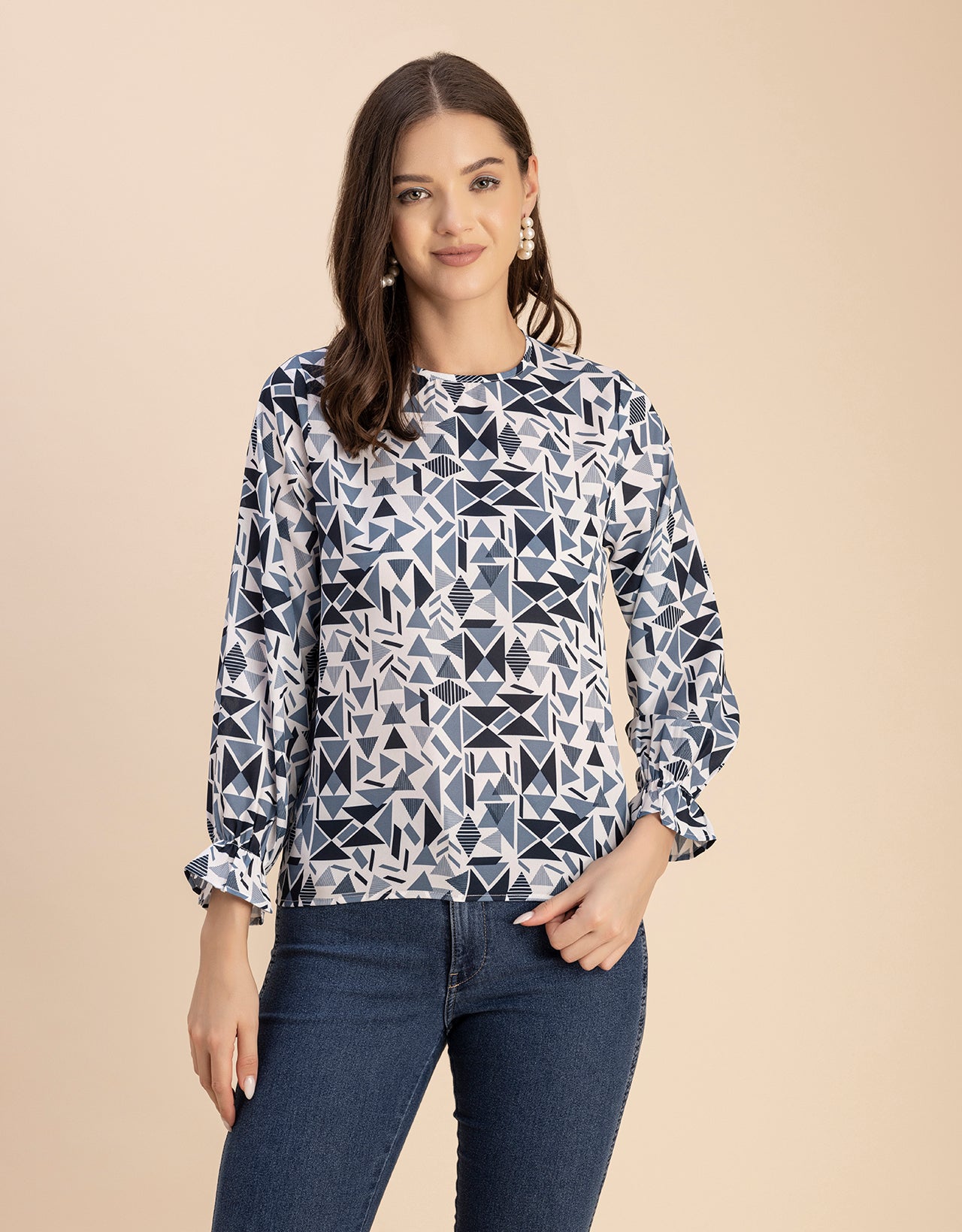 Long Sleeve Round Neck Printed Georgette Top