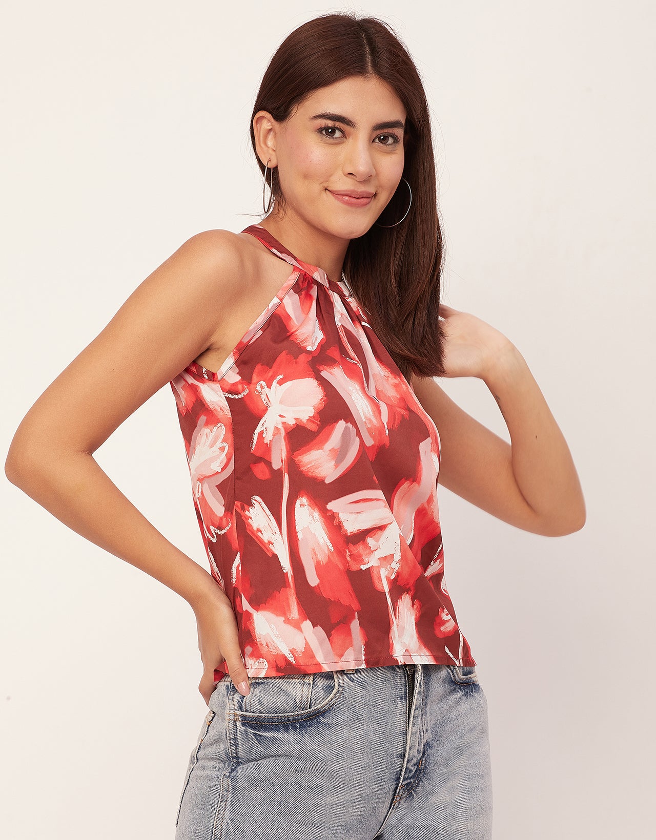 Sleeveless Halter Neck Printed Loose Fit Top