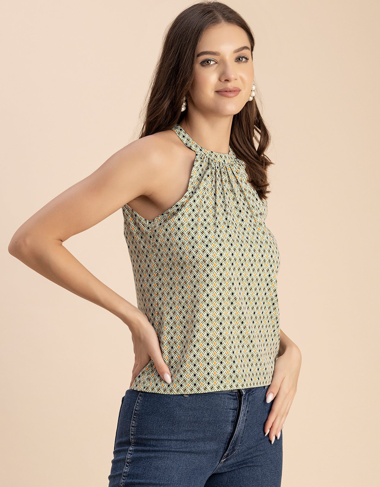Sleeveless Halter Neck Printed Loose Fit Top