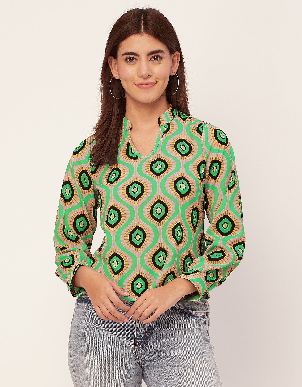 Long Sleeve Band Collar Printed Top