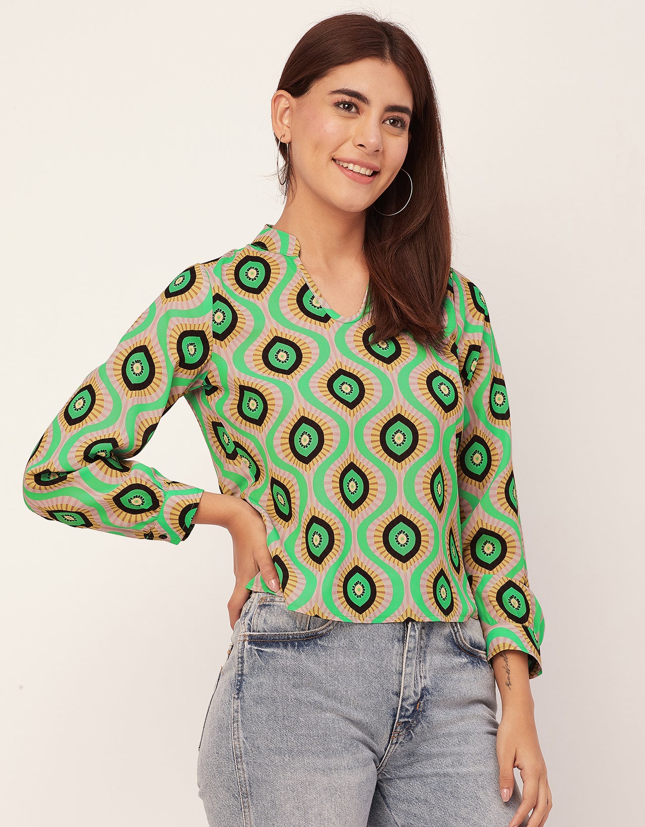 Long Sleeve Band Collar Printed Top