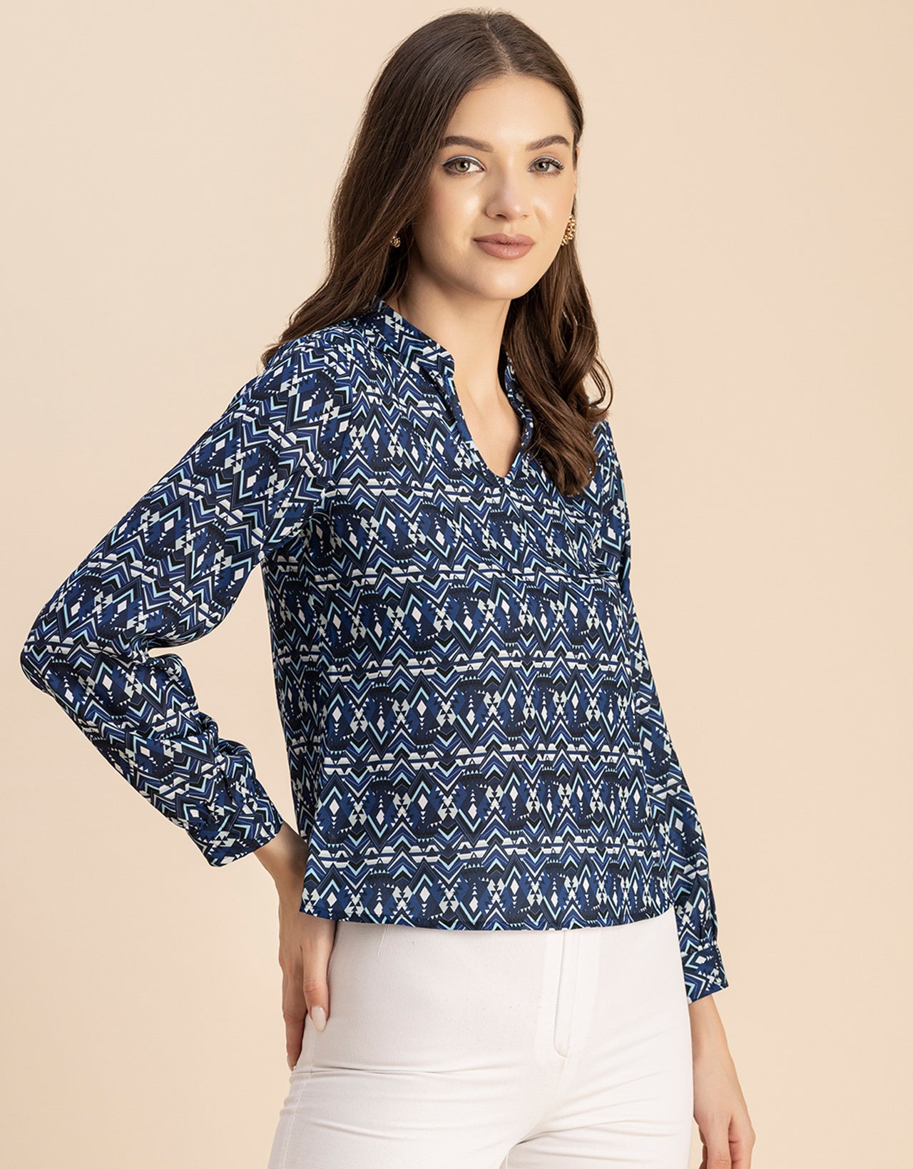 Long Sleeve Band Collar Printed Top