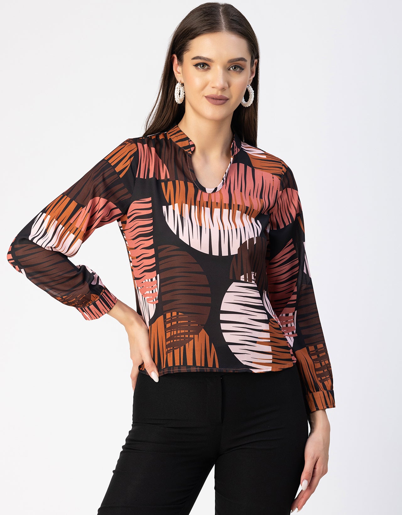 Long Sleeve Band Collar Printed Top