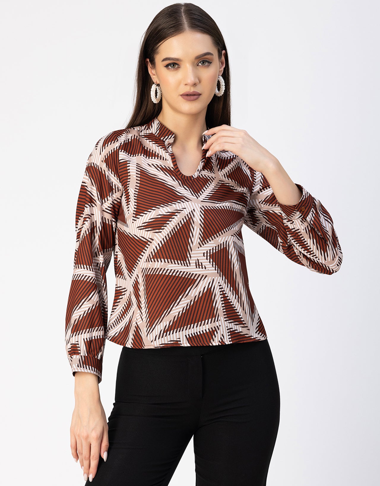 Long Sleeve Band Collar Printed Top