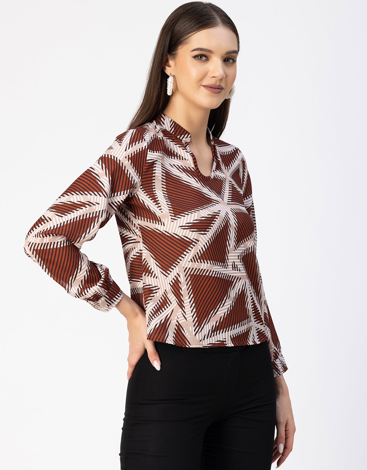 Long Sleeve Band Collar Printed Top