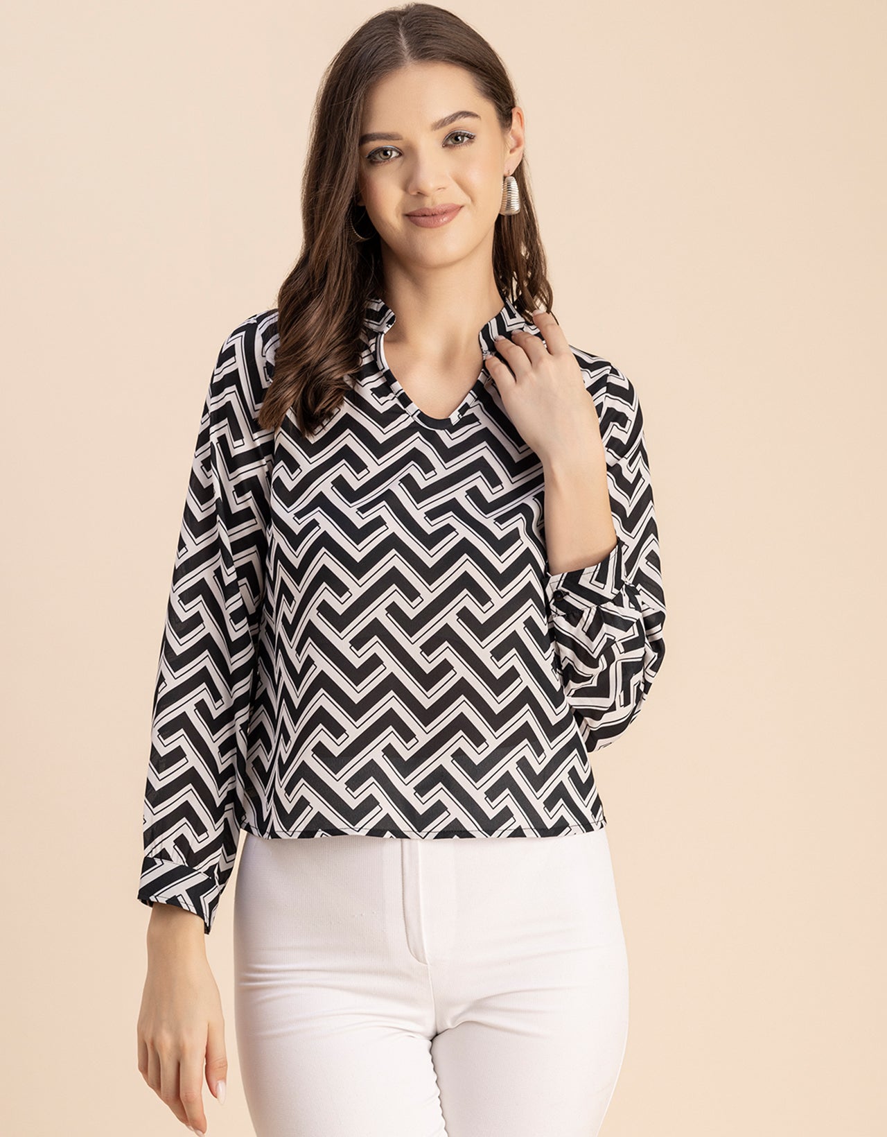 Long Sleeve Band Collar Printed Top