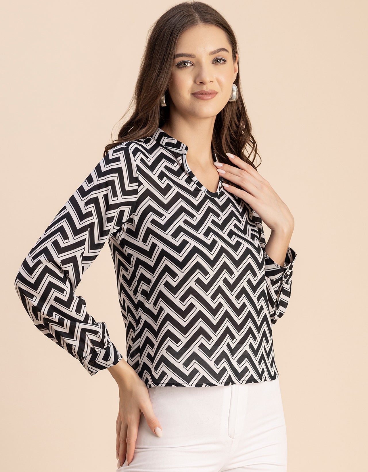 Long Sleeve Band Collar Printed Top