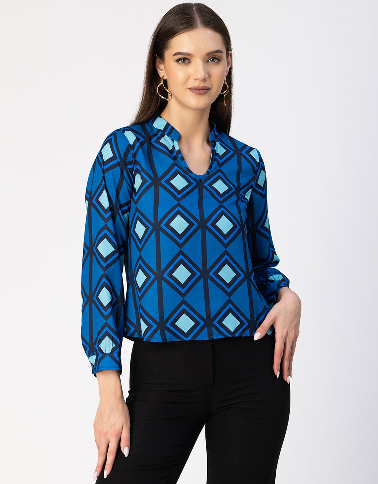 Long Sleeve Band Collar Printed Top