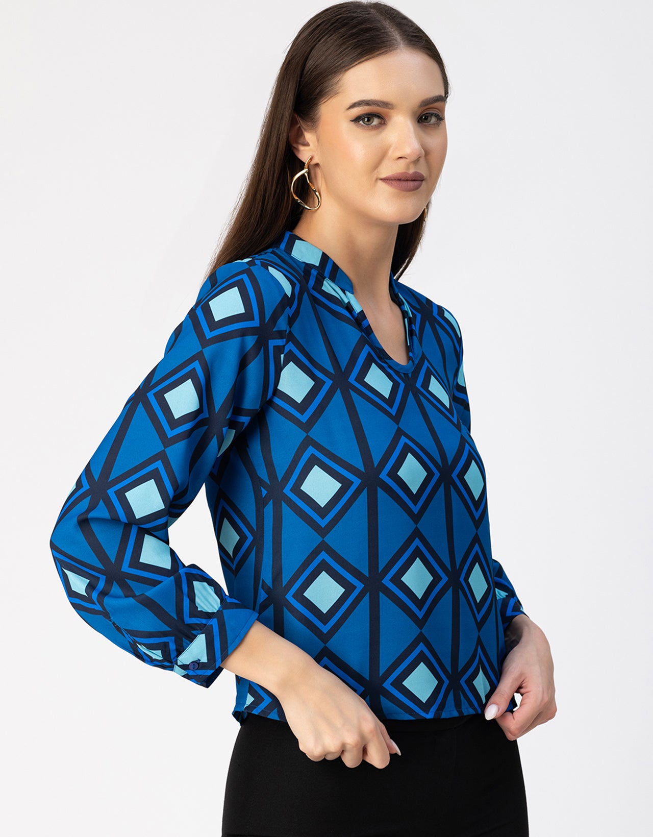 Long Sleeve Band Collar Printed Top